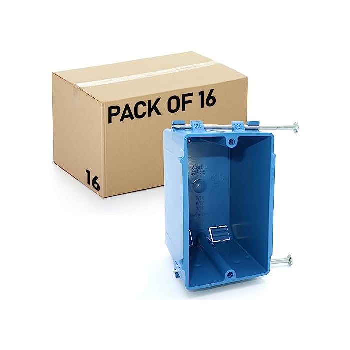 (16 PACK) Plastic Electrical Box, Blue Outlet Box, Single Gang New Work Junction Box, Captive Nails, 18 cu. Inches, Length 3-3/4? Width 2-1/4?, Depth 2-7/8?, 2 Hour Fire Rated Electrical Outlet Box