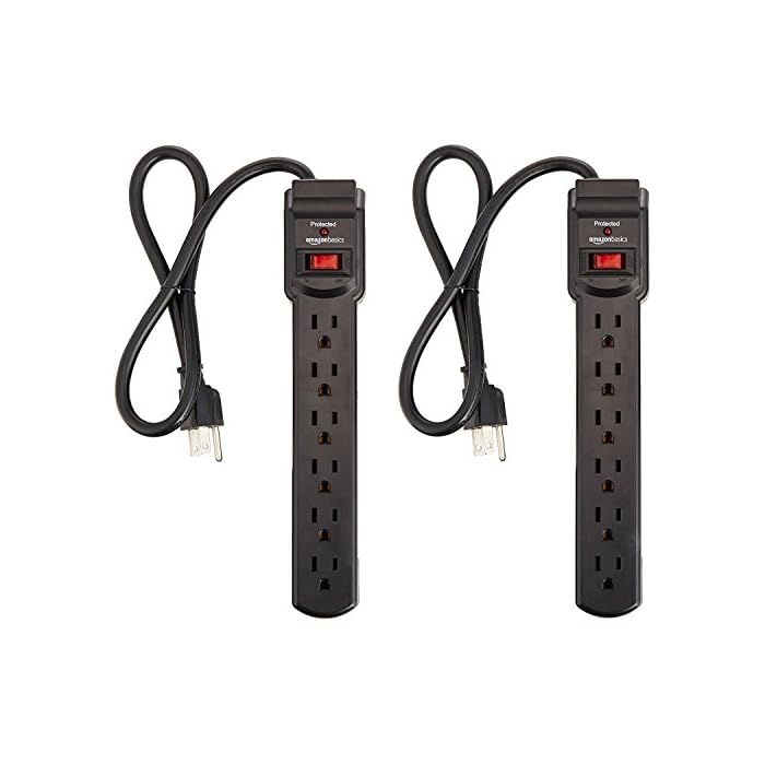 6-Outlet, 200 Joule Surge Protector Power Strip, Pack of 2, Rectangle, 2 Foot, Black