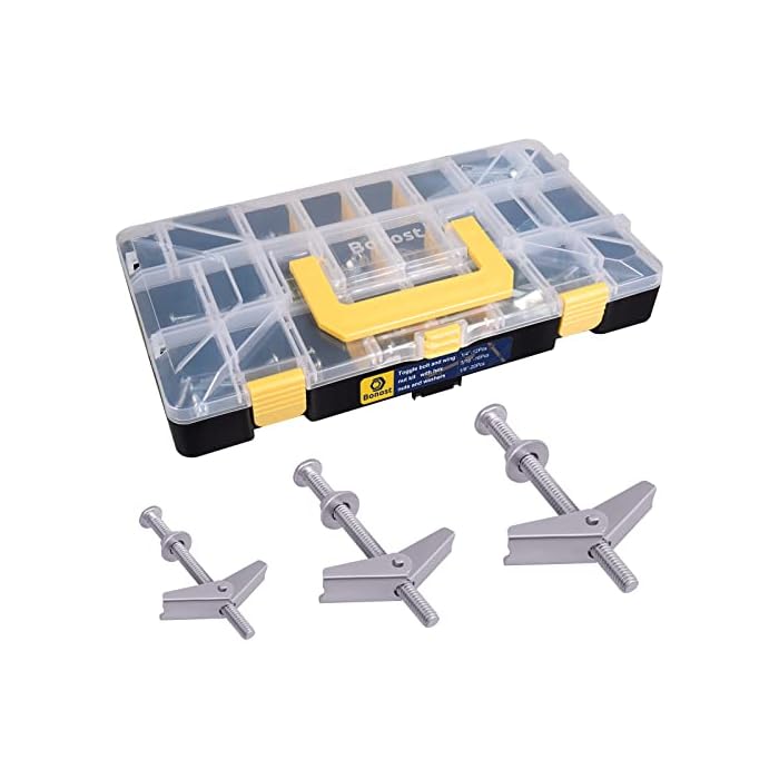 Bonost 48 Pcs Toggle Bolts ? 1/4 3/16 1/8 Inch Butterfly Toggle Anchors for Drywall ? Toggle Bolt Assortment Kit with Matching Wing Nuts, Hex Nuts, Washers