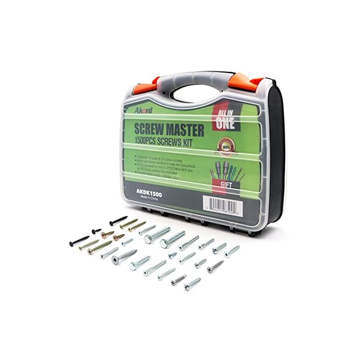 Akord Screws Assortment Kit, 10 Types Popular Screws Set in 30 Size, Double-Sided Storage Box, 1500 Pieces