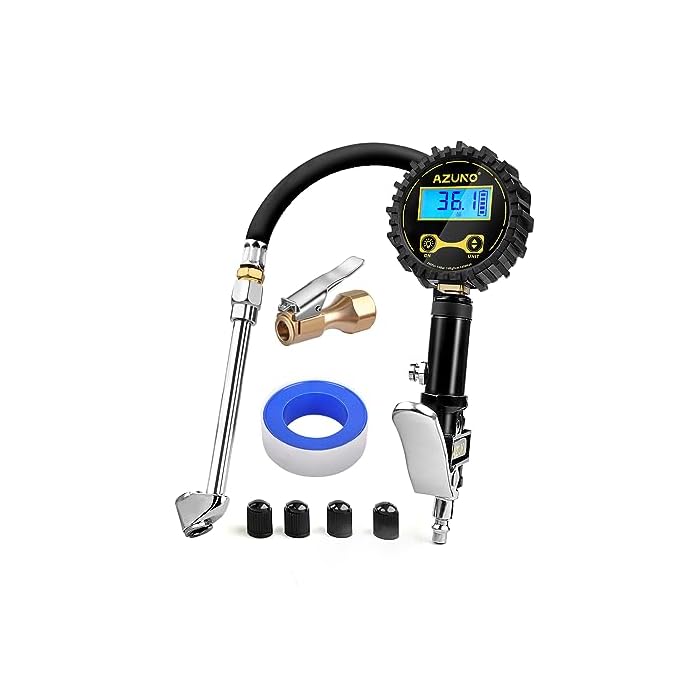 AZUNO Digital Tire Inflator with Pressure Gauge, 200 PSI, Heavy Duty Air Compressor Accessories, w/Rubber Hose Lock on Air Chuck and Quick Connect Coupler