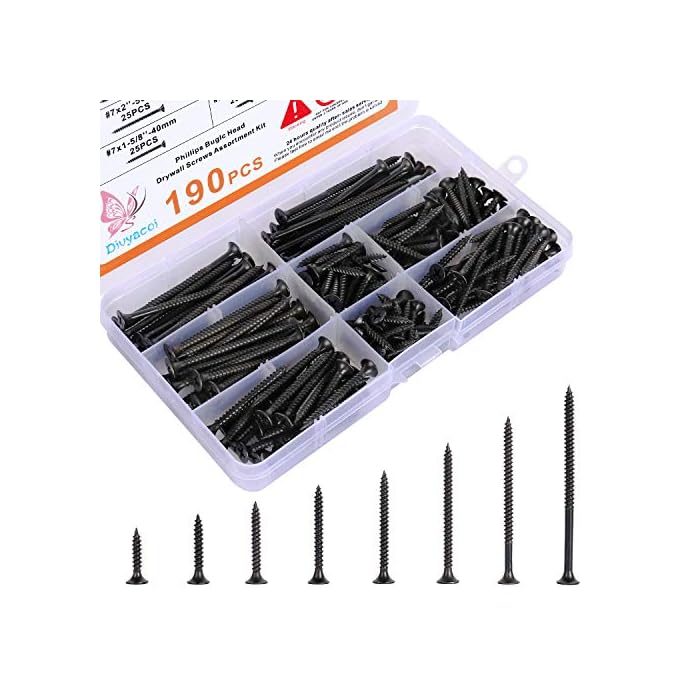 190PCS Premium Drywall Screws, Quality Black Steel #7 Sharp Point Self Tapping Screws with Phillips Drive, 8 Different Sizes Screws Assortment Set, Ideal Screw for Drywall Sheetrock, Wood and More