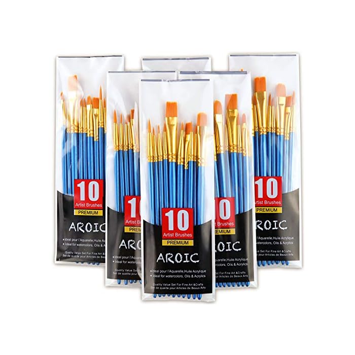 Acrylic Paint Brush Set, 6 Packs / 60 pcs Nylon Hair Brushes for All Purpose Oil Watercolor Painting Artist Professional Kits