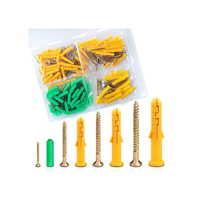 196PCS Drywall Anchors and Screws Kit, Esydon Screws with Anchors, Concrete Anchors and Galvanized Screws, Wall Anchors and Screws for Drywall, 4 Sizes Anchor and Screw Set for Floating Shelves