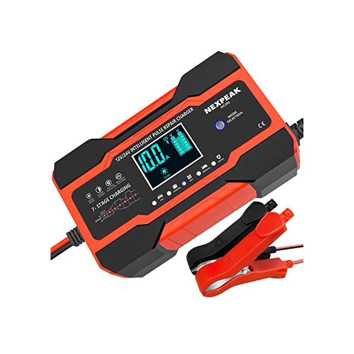 10-Amp Car Battery Charger, 12V and 24V Smart Fully Automatic Battery Charger Maintainer Trickle Charger w/Temperature Compensation for Car Truck Motorcycle Lawn Mower Boat Marine Lead Acid Batteries