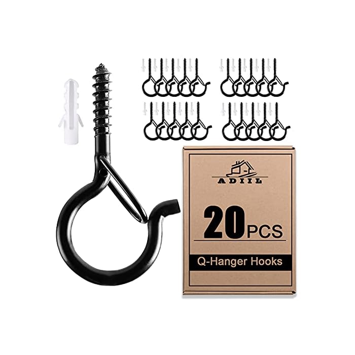 ADIIL 20 PCS Q Hanger Hooks with Safety Buckle, Windproof Screw Hooks for Hanging Outdoor String Lights, Ceiling Hooks for Plants, Christmas Lights & Patio Lights, 2.2 Inches, Black