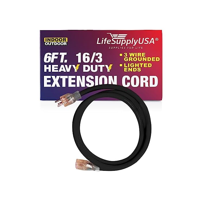 6 ft Power Extension Cord Outdoor & Indoor Heavy Duty 16 Gauge/3 Prong SJTW (Black) Lighted end Extra Durability 13 AMP 125 Volts 1625 Watts by LifeSupplyUSA