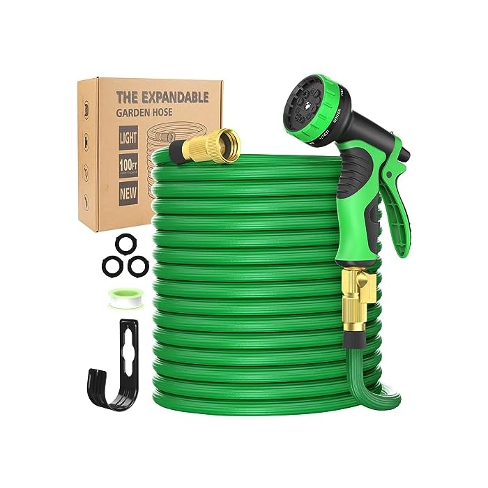 100 ft Expandable Garden Hose with 10 Function Nozzles, New Water Hose with 50 Layers Innovative Nano Rubber, 3/4? Solid Brass Fittings, Flexible Hose Expanding Water Pipe for Car Washing, Green