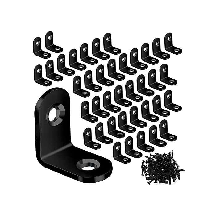 40PCS L Bracket Corner Brace Sets, Stainless Steel Corner Bracket, 90 Degree Right Angle Bracket, Metal L Brackets for Shelves Wood Furniture Cabinet Chair Drawer with 80PCS Screws, Black (20mmx20mm)