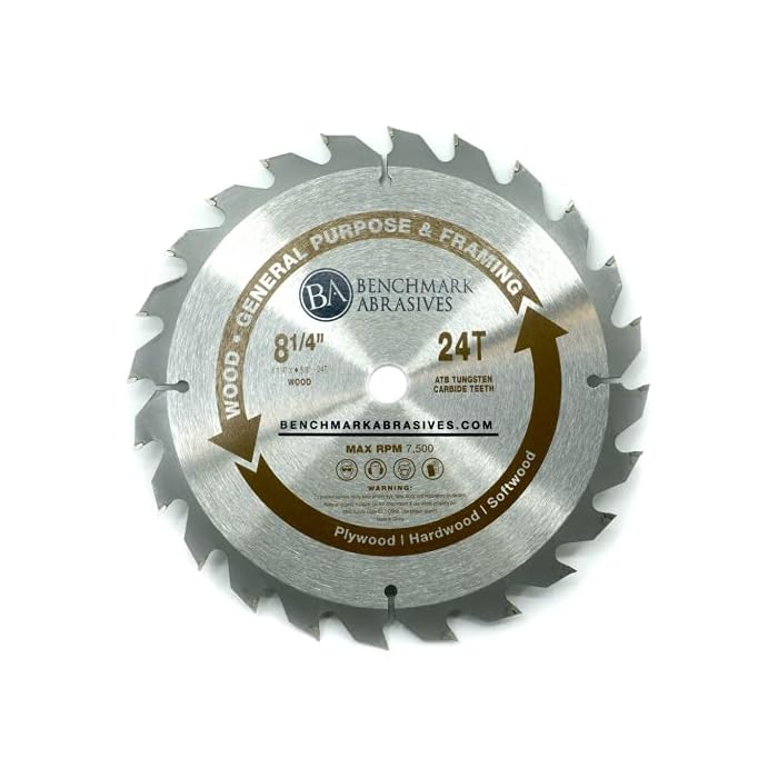 Benchmark Abrasives 8-1/4? 24 Tooth, TCT Wood Cutting Saw Blade for General Purpose Cutting & Trimming of Softwoods, Hardwoods, Long Lasting Blades, Use with Circular Saw (8-1/4? 24T)