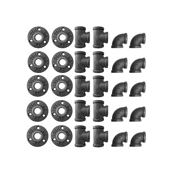 Alffun 1/2 Inch Black Malleable Iron Cast Pipe Fitting Flange Tees Elbow, for DIY Decor or Industrial Vintage Style, 30-Pack