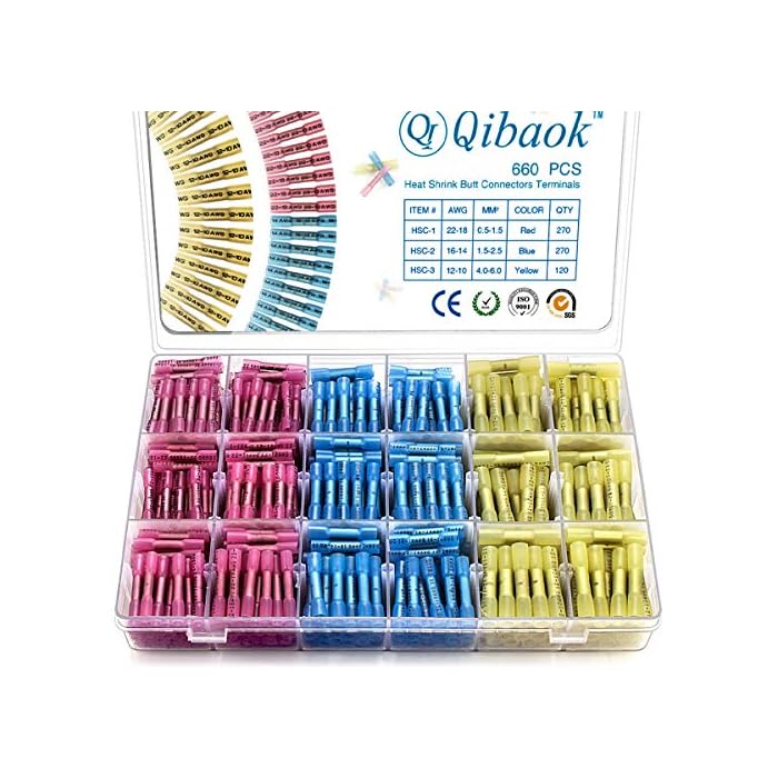 660 PCS Heat Shrink Butt Connectors Qibaok Crimp Electrical Wire Connector Waterproof Insulated Butt Splice Terminal for Automotive Marine Boat Truck Trailer Stereo